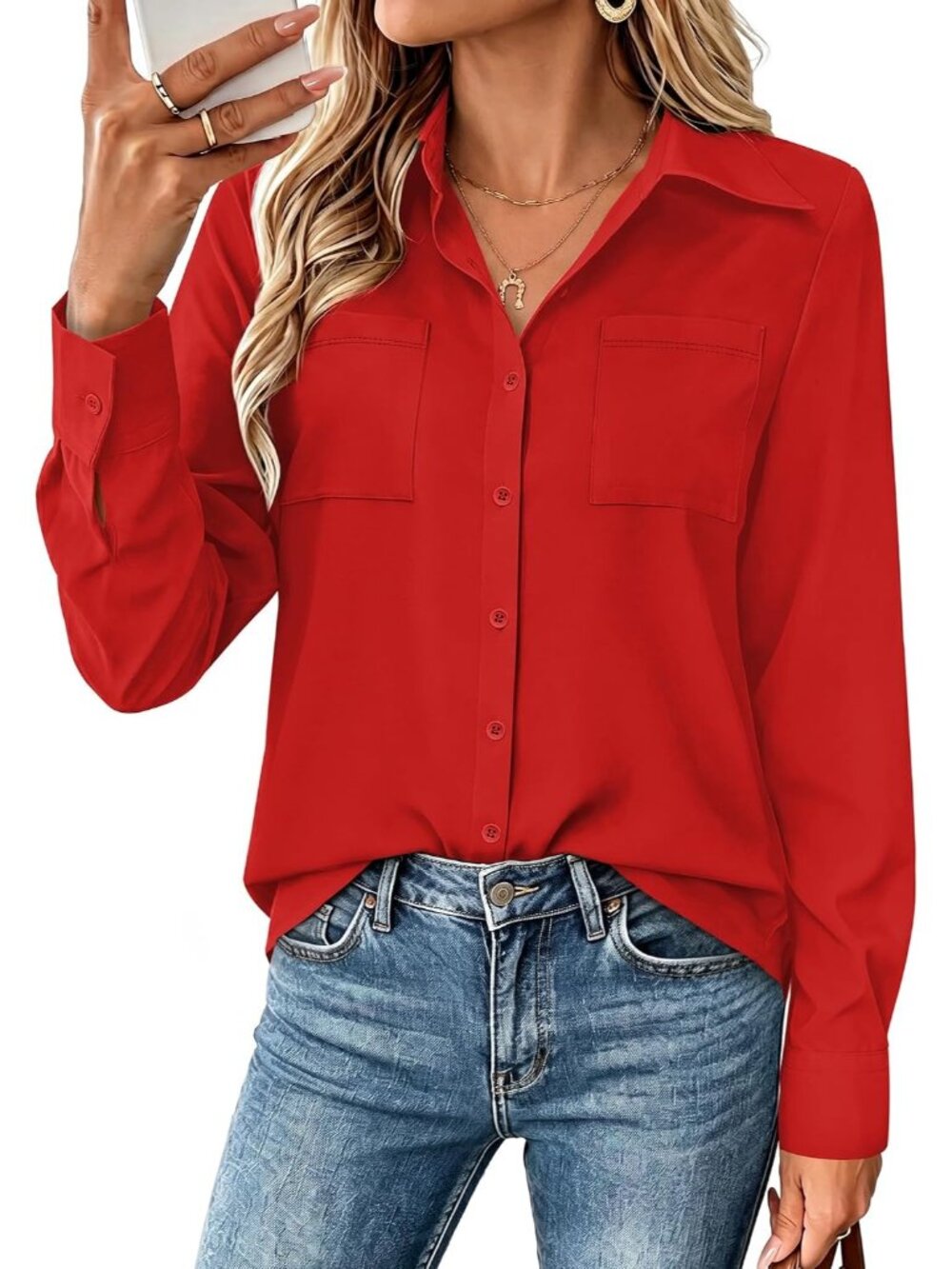Women's Red Long Sleeve Shirts Button Down Top Pocket Casual Blouses